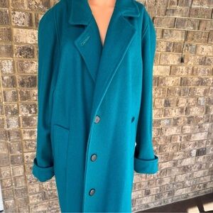 Vintage Teal Wool Long Coat Womens Large 100% Wool Classic Minimalist